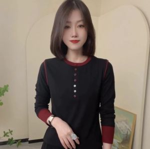 Autumn 2025 Womens Slim Fit Long Sleeve T-Shirt round Neck Base Shirt Color Block Design Fashionable Ladies Top Commute Style
