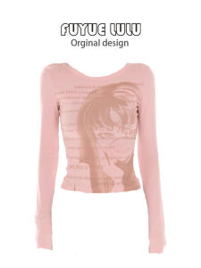 FUYUELULU Grey Pink Long Sleeve T-Shirt Womens Autumn Slim Fit Printed Street Style Regular Sleeve round Neck Top