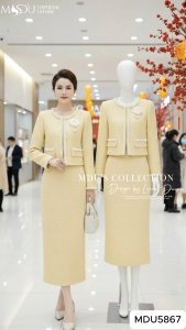 Set Dạ Tweed Thiết Kế MDU5867 Vàng Dáng Midi Áo Khoác Đính Ngọc Thanh Lịch