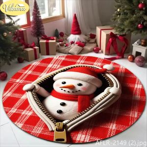 3D Deep Pit Snowman Round Rug Non-Slip Living Room Mat for Winter Holiday Party Festive Xmas Decorative Carpet Home Decor