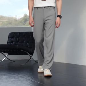Mens Ice Silk Trousers High Stretch Micro-Grid Straight Leg Pants Business Casual Breathable YKK Zip Quick Dry Slacks 2026