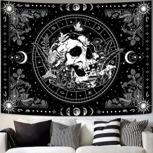 VIKAMA Đen Trắng Đầu Lâu Nấm Pha Trăng Tấm Thảm Gothic Chiêm Tinh Học Thực Vật Dòng Nghệ Thuật Treo Tường Trang Trí Poster
