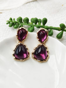 ต่างหูรูปหยดน้ำสีม่วงสไตล์จีนย้อนยุค เครื่องประดับแฟชั่นสำหรับผู้หญิง โลหะผสมประดับเพชรเทียม