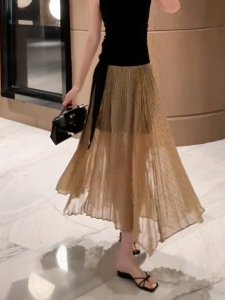 MANMI | Gentle Brown Dotted Mid-skirt 2025 Summer New