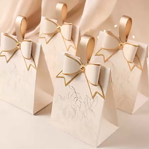 Wedding Favour Gift Bag with Champagne Bow & Leather Handle Elegant Candy Treat Box for Bridal Party