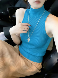 HUOLISI | Blue Half-high Collar Sleeveless Sweater Vest Female Summer