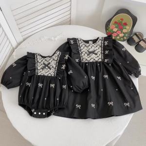 New Baby Girls Lace Collar Dress Sisters Clothes Kids Girls Princess Dress  Black Fashion Party Clothes Embroider Flower Dress