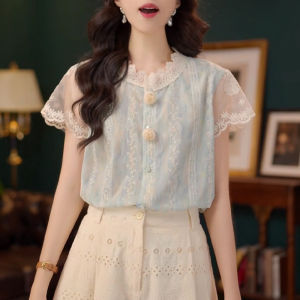 Shalldoer | Áo sơ mi tay ngắn ren splicing tươi mới thời trang mùa hè cho nữ Áo sơ mi dài tay thường ngày cổ tròn chất liệu polyester