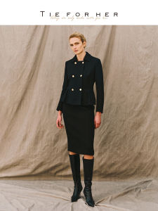 Black Collar Bloom Bottom Vintage Style Commuting Wool Jacket
