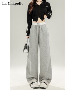 High Waist Wide Leg Casual Pants Womens Lace Splicing Autumn Small Size American Grey La Chapelle Straight Cut Loose Fit