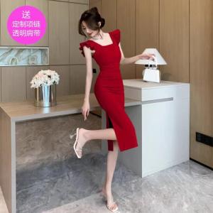 Red Slim Fit Wedding Dress Womens Beautiful French Style High End Summer 2025 New Formal Evening Gown Korean Style Commute
