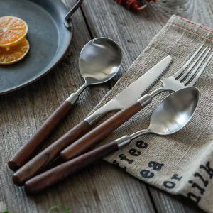 1/4PCS Stainless Steel Spoon Fork Knife Portable Wooden Handle Dessert Spoon Steak Knife Cutlery Set Kitchen Utensils