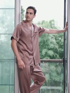 Luxurious Silk Men Short Sleeve and Long Pants Pajama Set Summer