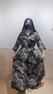 Pakaian Musim Panas Wanita: Jane Long Sleeves Button Plisket Culotte Pants One Set