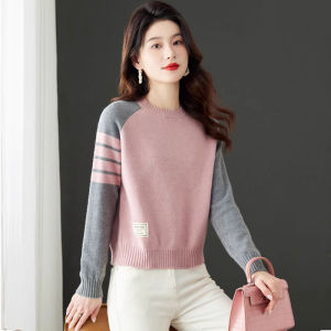 Outlets Brand Big Sale Low round Neck Short Sweater Womens Wool Knitting Colorblock All-Matching Pullover Bottoming Shirt Women