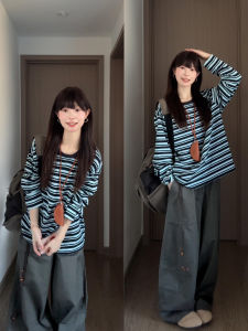 Áo Thun Dài Tay Màu Xanh Trắng Cổ Điển Mỹ Cho Nữ Dáng Rộng Thoải Mái Phong Cách Mùa Thu Áo Sơ Mi Áo Thun