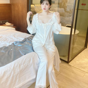 Lụa Satin Đồ Ngủ Nữ Xuân Hè Mùa Thu Tay Dài Mỏng Quần Dài Bộ Hai Món Có Thể Mặc Bên Ngoài Phong Cách Công Chúa Quần Áo Gia Đình