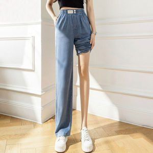 กางเกงยีนส์ผ้าไหมน้ำแข็งทรงตรงสำหรับเด็กผู้หญิง กางเกงขายาวทรงหลวมสบาย ๆ สำหรับฤดูร้อน 2025 กางเกงขายาวทรงหลวมสำหรับเด็กโต
