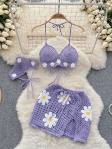 Seaside Vacation Style Knitting Banded Bikini Suit Female Summer Small Flower Stylish Niche Style Milk Sweet Pure Desire Three-Piece Set