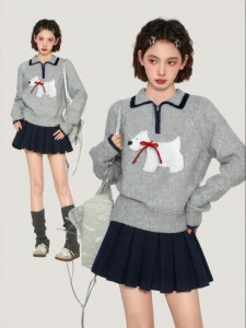 BAIDAIFEI | Áo Sweater Knit Dày Cổ Polo Kiểu Ngắn