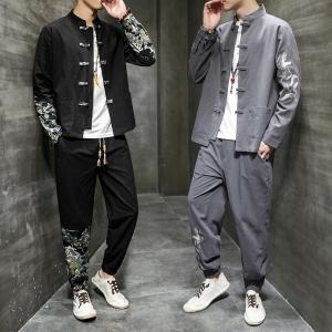 Chinese Style Tang Suit Set Mens Retro Fashion Outerwear Hanfu Trendy Brand Jacket Coat Button Decorated Casual Leisure Wear
