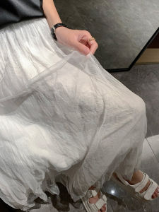 Elegant White Lace Skirt Breathable Summer Long Korean Style Half Net Skirt Womens Fashion High Waist A-Line Polyester Fiber