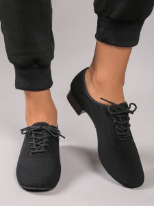 รองเท้าเต้นรำละตินผ้ายืดสีดำสำหรับผู้ชาย นุ่มสบาย พื้นรองเท้าสองจุด เหมาะสำหรับรองเท้าเต้นรำสมัยใหม่ด้วย