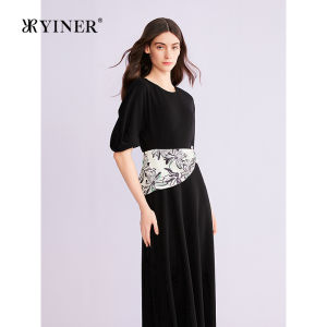 Summer New Fashion Elegant Round Neck Printed Waist-Cinched Lantern Sleeve Dress