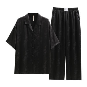 yuenei | Summer Ice Silk Short Sleeve Sleepwear Womens Home Clothes Chinese Style High End Sensation Button Decoration Long Pants