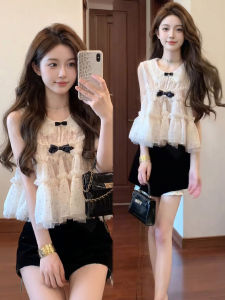 XUECAIQI | French Style Bow Sleeveless Top and High Waist Shorts Set