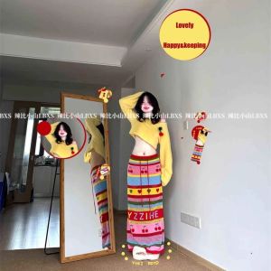 Autumn Dopamine Girlish Style Color Wear off-Shoulder Soft Glutinous Short Sweater Contrast Color Half-Length Dress Two-piece Set