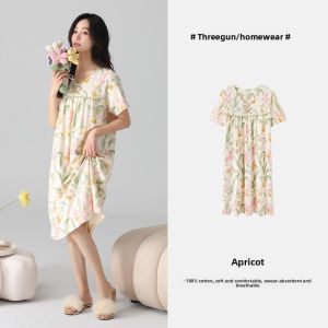THREEGUN | Short Sleeve V-Neck Comfortable Cotton Breathable Sweet Print Dress