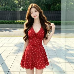 CHANGTONG | Vintage Style Slimming V-Neck Floral Dress