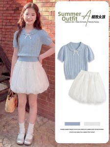 ZIRUIBABA | New Summer Thin Polo Short Sleeve Net Yarn Dress Set for Girls