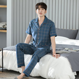 Mens Summer Sleepwear Pure Cotton Thin Short Sleeve Long Pants Home Clothes Set Casual Style Comfortable Breathable Nightgown
