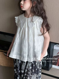 Girls Short Sleeve Doll Collar Shirt Korean Style Childrens Clothing Fresh Style Vest Top for Ages 4-14 Summer Season