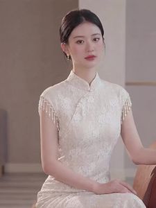 White Lace Cheongsam Dress Modified Waist-cinching Petite Formal