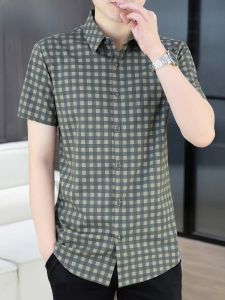 HENGYUANXIANG | Áo sơ mi nam Ice Silk mỏng mùa hè cổ polo tay ngắn kẻ caro phong cách retro cao cấp thương hiệu Hengyuanxiang thời trang công sở thường ngày