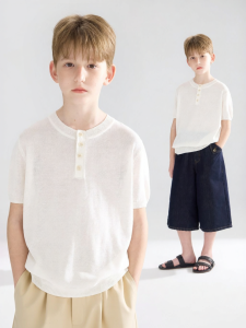 MUCMUKN | Tencel Linen Old Money Style Henry Collar Knit Short Sleeve for Kids