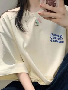 Pure Cotton T-Shirt Womens 2023 New Arrival K-style Loose Shoulder Print Letter Easiest for Match Maychao Fan Ies Style Short Sleeve T-shirt