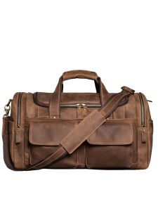 NUPUGOO Vintage Mens Hand Luggage Bag Travel Bag Genuine Leather Large Capacity Single Shoulder Messenger For 14 Inch Laptop