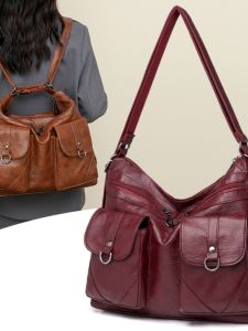 Large Capacity Womens Soft Leather Shoulder Bag Casual Versatile Double Strap Backpack for Middle-Aged And Elderly
