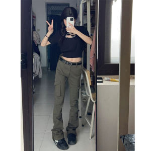 กางเกงยีนส์ขาม้ายาวพิเศษสำหรับคนตัวสูงกางเกงลากพื้นสีเขียวทหารย้อนยุคไฮสตรีทสไตล์อเมริกันเข้ารูปสำหรับฤดูใบไม้ผลิและฤดูใบไม้ร่วงของผู้หญิง