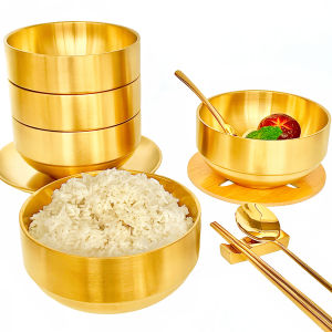 Large Double-Layered Insulated Korean Style Gold Bowl 304 Stainless Steel Utensils including Spoon And Chopsticks for Home Use