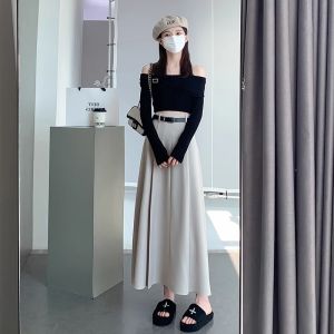 High Waist Midi Skirt Womens A-Line Mini Pleated Skirt Commute Simple Style Polyester Fiber Thickened Autumn Season