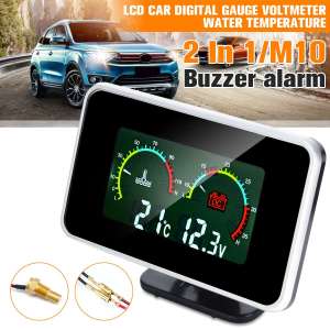AUTOFun 2in1 LCD Alat Pengukur Digital Tegangan Tekanan/Suhu Air Meter W/Alarm M10 40-50℃ Water Temperatur Digital Voltmeter Motor Mobil