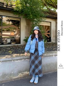 Váy Dài Nửa Người Cắt Chéo Bằng Vải Len Họa Tiết Kim Cương Màu Xanh Mới Cho Nữ Váy Công Sở Cạp Cao Dài Vừa Phải