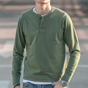 เสื้อเฮนรีเสื้อยืดแขนยาวสำหรับผู้ชายเสื้อตัวในคอปกเฮนรีผ้าฝ้ายล้วนงานดีแนววินเทจสไตล์อเมริกัน AMEI