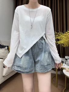 กางเกงขาสั้นผ้ายีนส์เอวสูงทรงหลวมสำหรับผู้หญิงในช่วงฤดูร้อนปี 2025 กางเกงขายาวทรงหลวมไซส์ใหญ่ 4 จุด ทรงหลวม