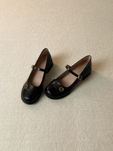 Elegant Rounded Toe Thick Heel Black Low Heel Shoes